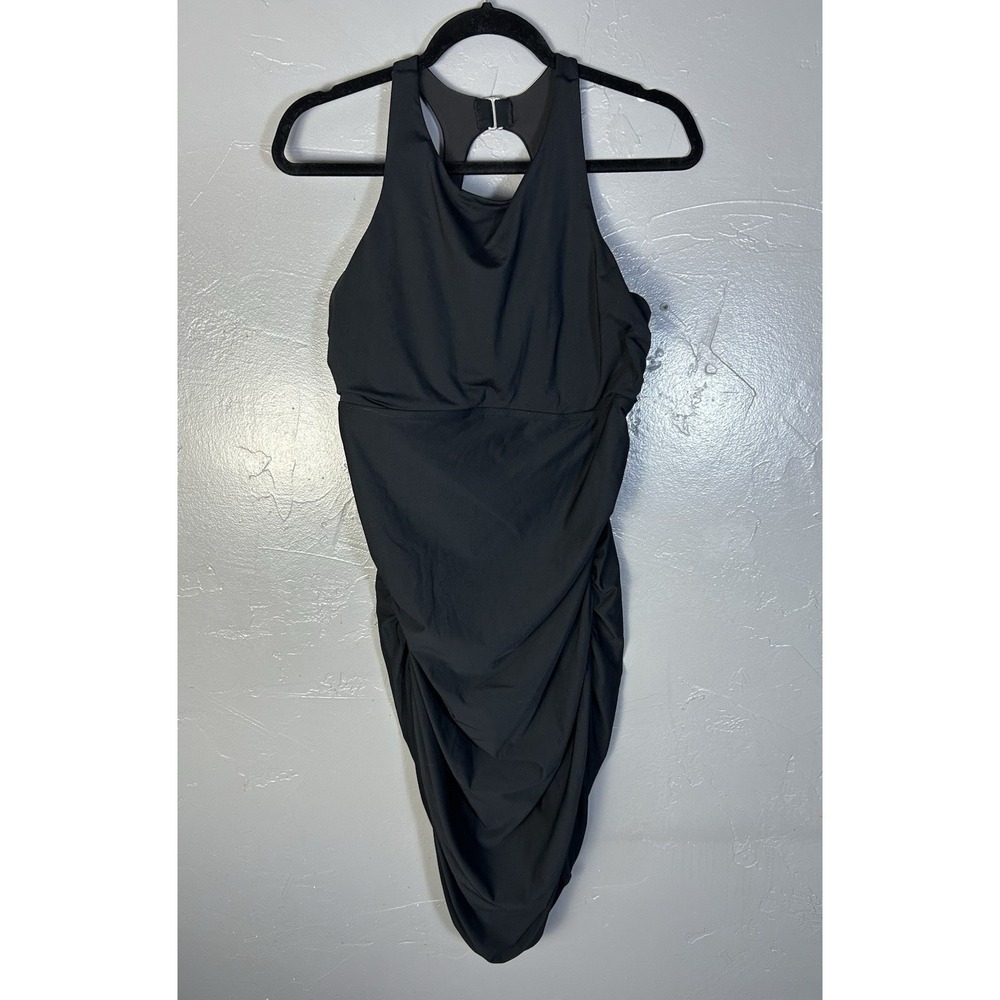 Athleta Sleeveless Dress Women Black Ruched Midi Built-In Bra Size 38D/DD